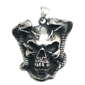 Cobra skull pendant front view - gothic stainless steel necklace with detailed scale texture and vintage silver finish