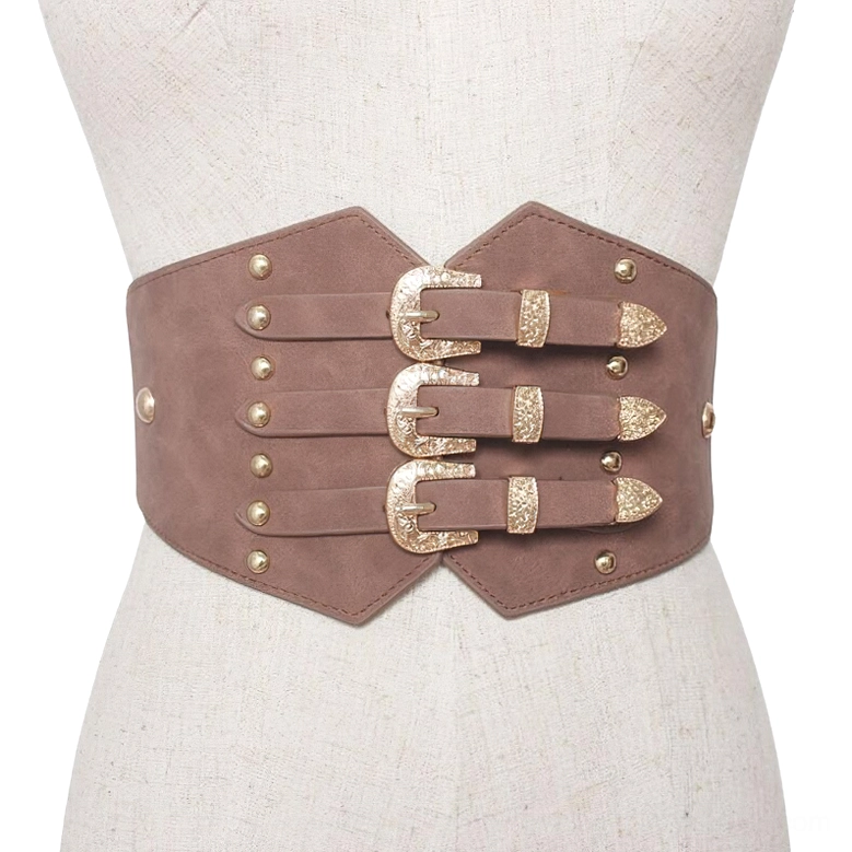Coffee brown wide corset belt with triple gold glitter buckles and industrial rivet accents