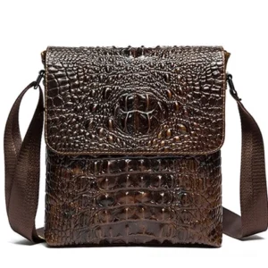 Coffee brown gothic crocodile textured leather shoulder bag front view with logo detail