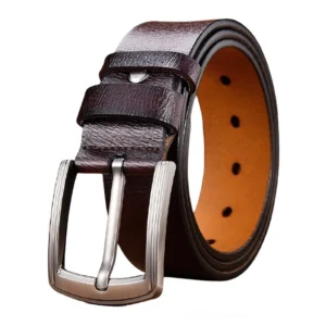 Coffee brown gothic leather belt with silver metal buckle, 3/4 angle view, displaying rich pebbled leather surface and refined buckle design