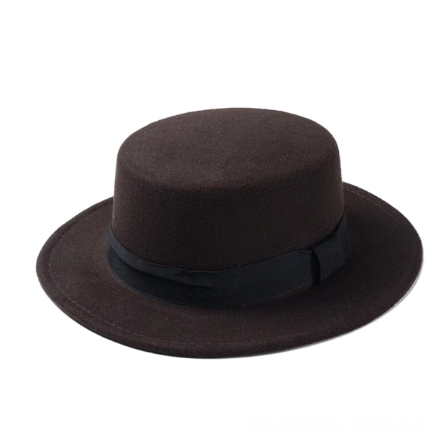 Coffee brown dark felt gothic gambler fedora hat, overhead view showing flat brim construction