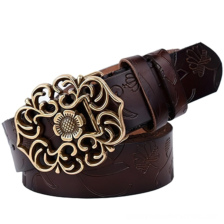 Dark brown coffee leather gothic belt with embossed floral motifs and bronze flower pin buckle, side profile showcase