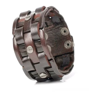 Coffee brown leather gothic wrap bracelet front view, showcasing multi-layer woven design with industrial metal screw details