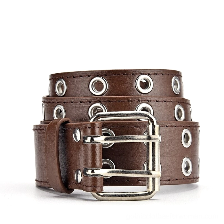 Dark brown PU leather gothic belt with double pin buckle and metal eyelets, stacked showing depth and structure