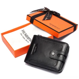 Deep coffee brown leather gothic wallet in branded gift box packaging with hasp closure design
