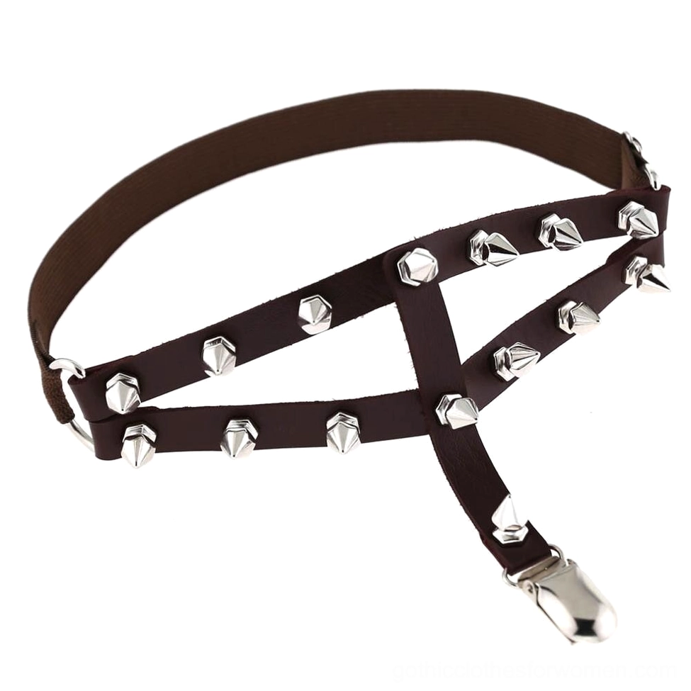Dark brown coffee-colored spiked leg garter harness with adjustable cross elastic straps