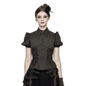 Coffee striped steampunk blouse with puff sleeves and lace-up corset waist, front view on model wearing vintage steampunk styling