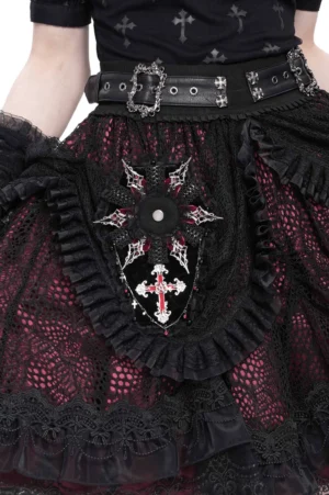 Close-up detail of coffin brooch red mesh lining and ruffled lace edge, demonstrating Victorian gothic lace craftsmanship and embellishment