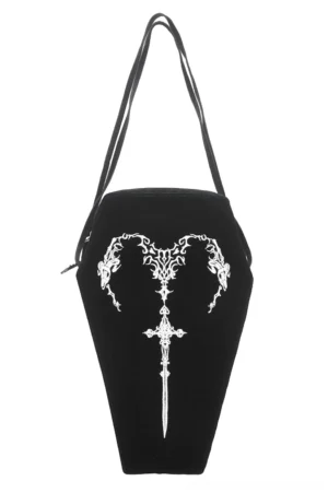 Black coffin shoulder bag with white embroidered sword and filigree heart design front flat lay view