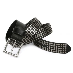 Coiled black studded leather belt displaying full metal rivet coverage and silver pin buckle hardware detail