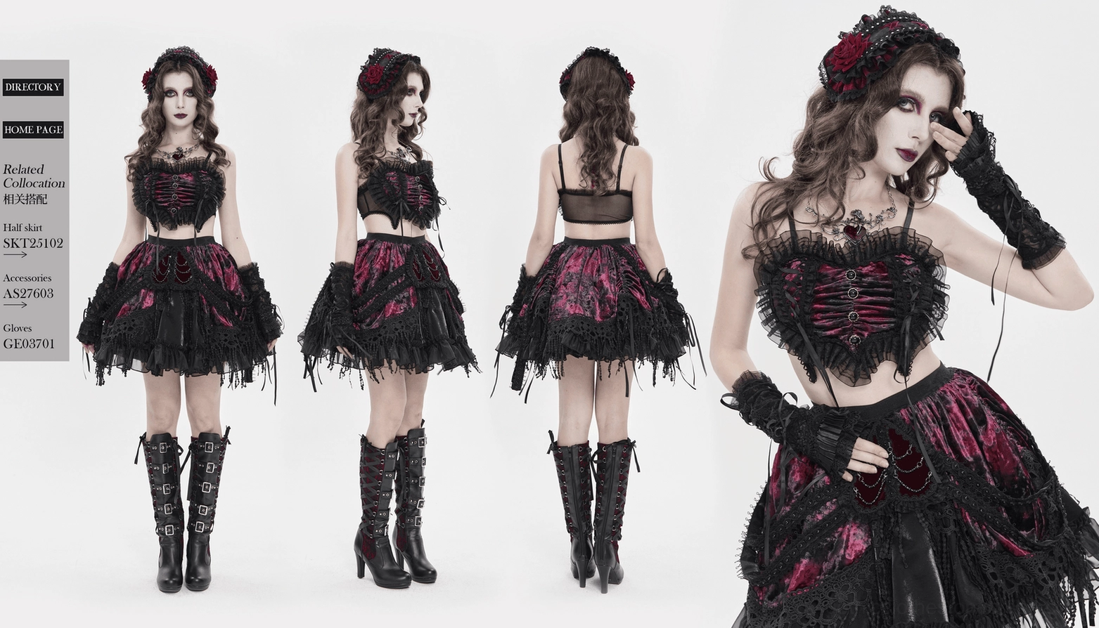 Final product view of black mesh gothic bustier crop top with burgundy velvet accent, complete styling and all design features visible