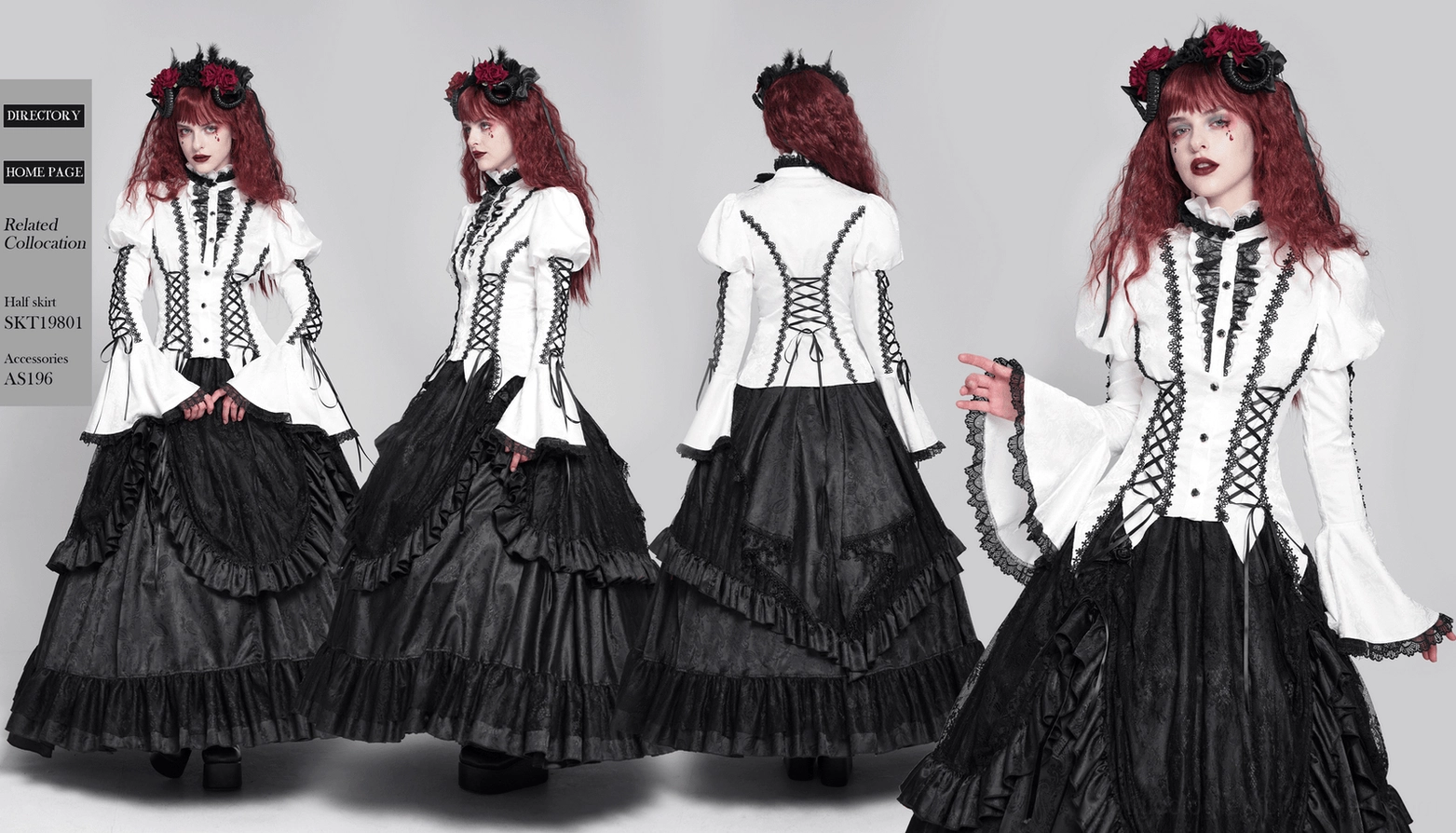 Complete gothic lace corset blouse flat lay showing all design elements, lace trim, corset lacing, buttons, and bell sleeves