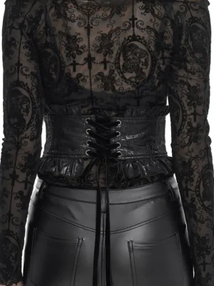 Back view of black corset belt showing lace-up closure and ruffled trim details