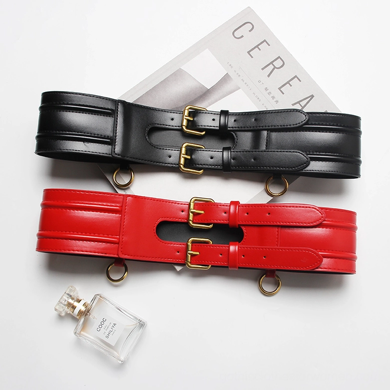 Black and red gothic corset belts with double buckle closures - styling comparison