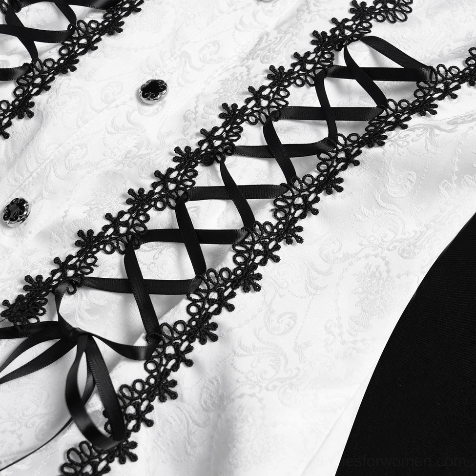 Corset lace-up detail close-up showing black ribbon corset lacing, floral lace trim, decorative black buttons, and premium lace craftsmanship on white blouse
