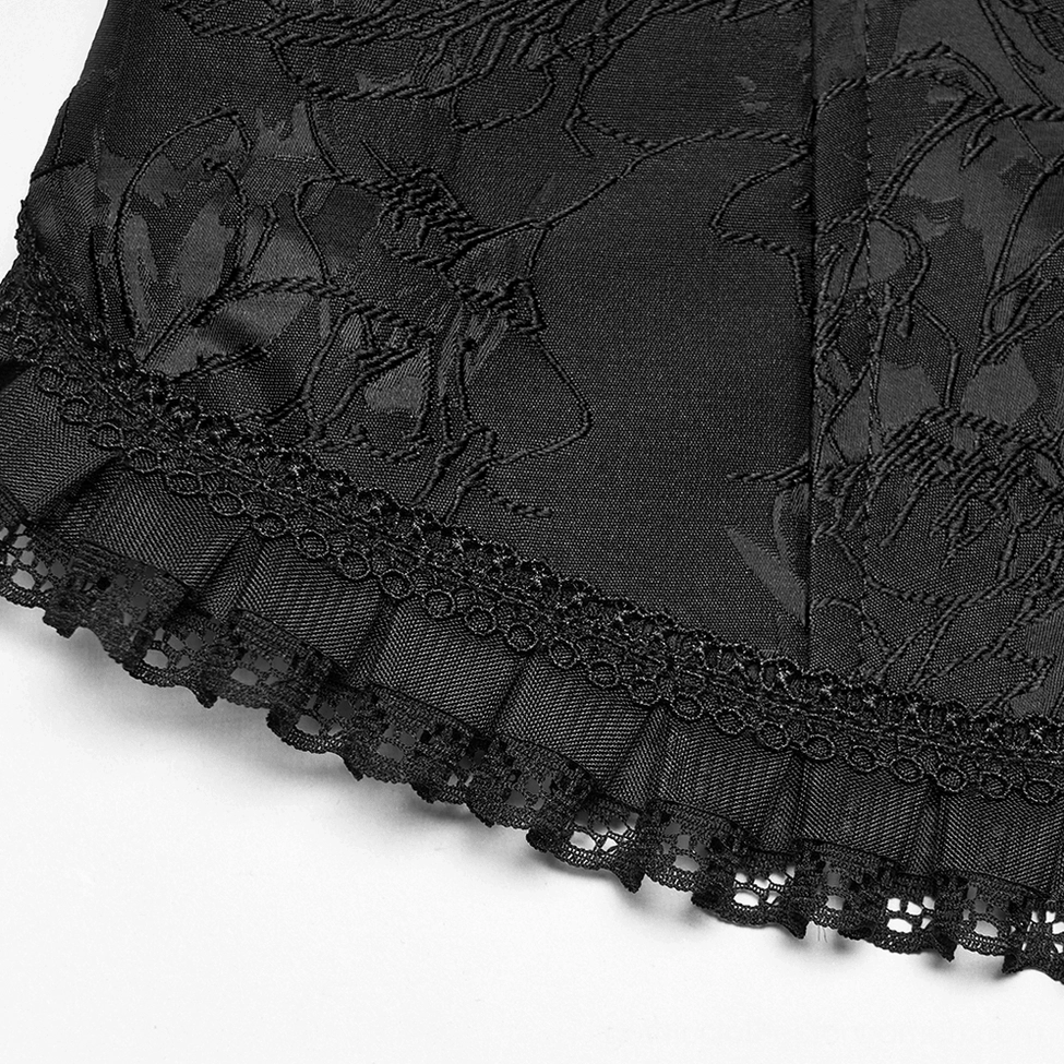 Close-Up Detail: Ruffled Lace Edge and Floral Brocade Fabric of Gothic Corset Vest