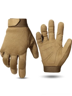 Coyote brown tactical gloves displaying mesh fabric back with adjustable hook-and-loop wrist strap closure