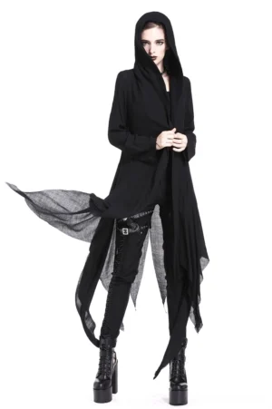 Female model wearing crescent moon cutout black gothic trench coat with shredded asymmetrical hem, front full-body view