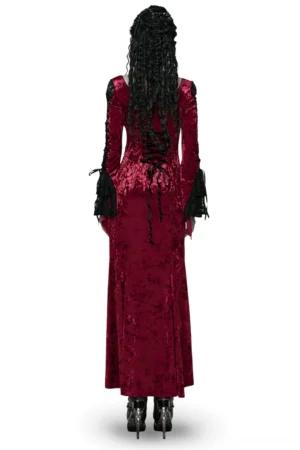 Crimson velvet gothic dress back view showing dramatic lace-up corset back, flared sleeves with lace trim, and floor-length silhouette
