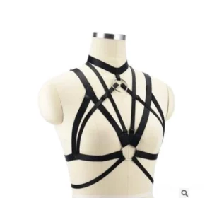 Gothic crisscross choker harness with o-ring - adjustable black elastic body harness alternative fashion