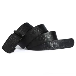 Black crocodile embossed leather belt flat lay showing full texture and matte finish