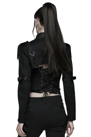 Gothic chain harness cropped jacket back lace-up design open back view on model with high ponytail