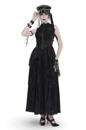 Cyber gothic circuit print sleeveless maxi dress front view on model with black braids in studio setting