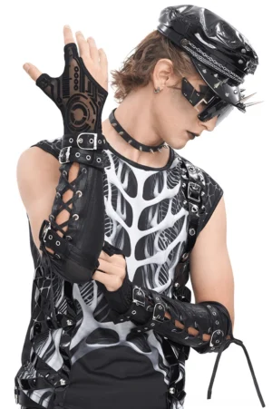 Male model wearing black cyberpunk arm gauntlets with metal buckles and circuit pattern, three-quarter left view showcasing lace-up design
