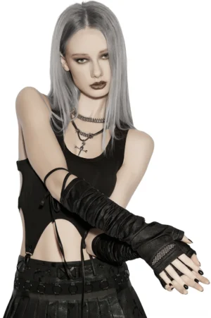 Three-quarter side view of black cyberpunk arm gloves with mesh finger cuffs and rivet details on model