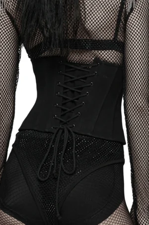 Back view of gothic cyberpunk corset displaying adjustable lace-up closure with extended drawstrings on alternative model