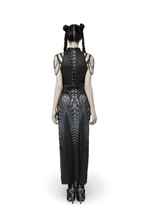 Cyberpunk gothic dress rear view showing lace-up back design, slim fitted silhouette, and chain shoulder hardware detail