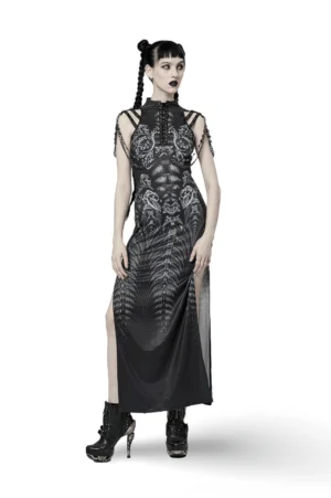 Cyberpunk gothic maxi dress front three-quarter view with sci-fi print, metal chain shoulder straps, side slit, and lace-up details on white background