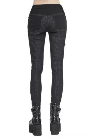 Black circuit printed gothic cyberpunk pants back view showing dual pockets and side strap details