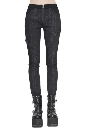 Black circuit board printed cyberpunk skinny pants front view on model with platform boots