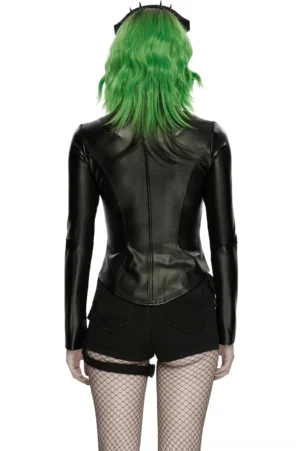 Black cyberpunk gothic moto jacket back view on model, curved hem detail, slim-fit silhouette, rubberized knit fabric with glossy PU finish
