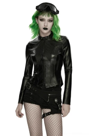 Women's black cyberpunk rubberized knit moto jacket with geometric chevron chest panel, front three-quarter view on model, glossy finish techwear gothic style