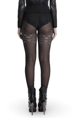 Gothic mesh leggings with mechanical skull design - back full body view showing seam details