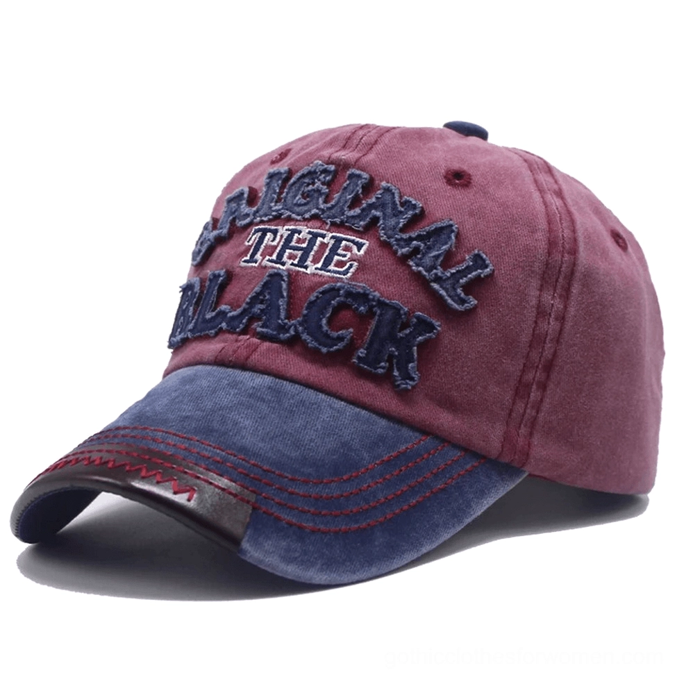 Burgundy and navy blue gothic baseball cap with contrast stitching embroidered design