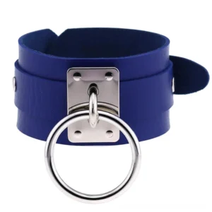 Dark blue leather gothic wrist cuff bracelet featuring silver metal accents, alternative fashion jewelry