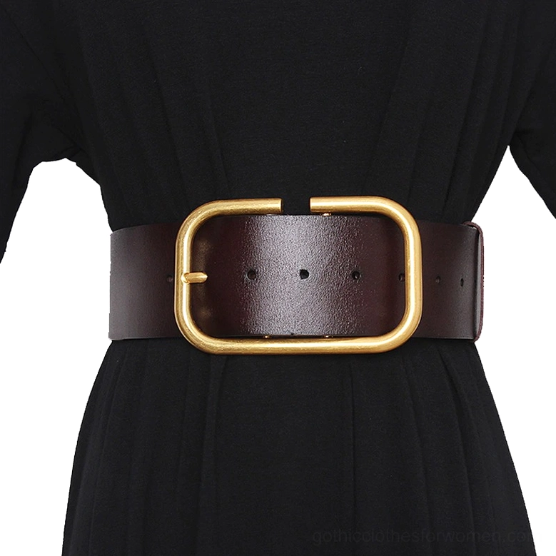 Dark brown leather wide corset belt with gold metal buckle and punched adjustment holes
