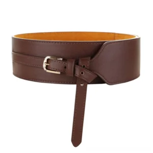 Dark brown faux leather wide corset belt with tan lining and gold hardware