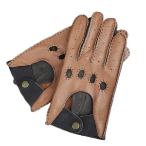 Dark brown leather motorcycle gloves with contrast stitching and ventilation perforations flat lay front view
