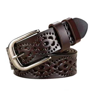 Dark brown genuine leather belt with intricate floral carved holes pattern, alternative fashion accessory