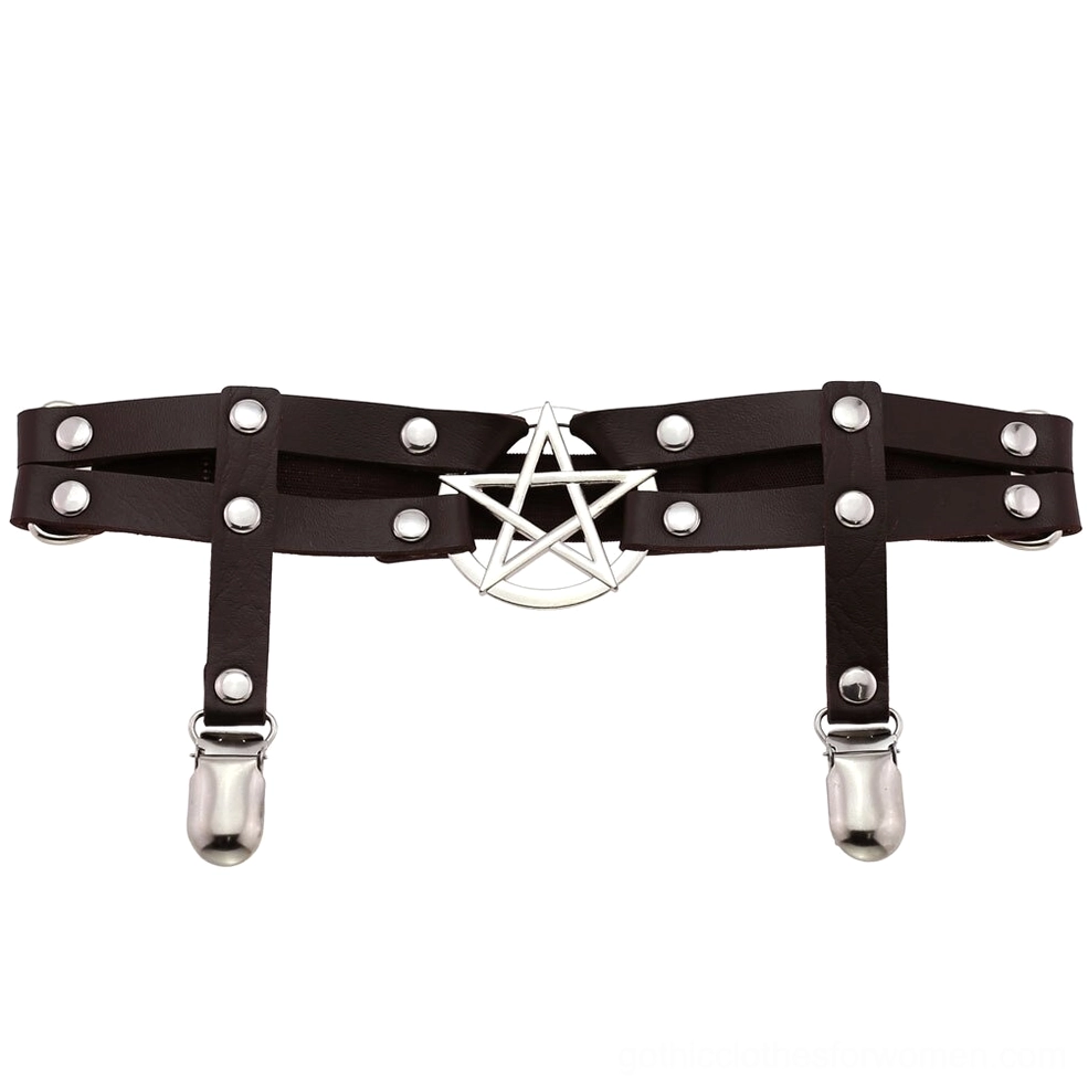 Dark brown pentagram PU leather leg garter belt flat lay view, featuring silver pentagram emblem and decorative metal studs and clips on studio backdrop