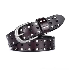 Dark brown studded leather gothic belt featuring smooth cowskin and silver stud details - studio flat lay