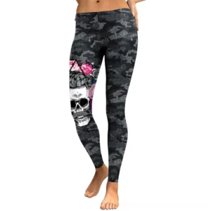 Dark gray camouflage skull print gothic leggings with high waist, front view showing intricate skull and floral patterns