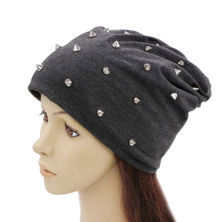 Dark gray heather gothic studded slouch beanie with metal cone studs embellishments, profile view