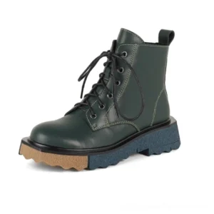 Women's dark green genuine leather gothic ankle boots with dual closure system, side profile showing platform sole and contrast stitching