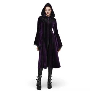 Dark purple velvet gothic hooded coat with lace corset detail - front full-body view featuring metal zipper closure and bell-shaped lace-trimmed sleeves