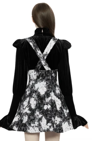 Gothic Dark Rose Pinafore Dress rear view displaying cross back straps and flared mini skirt hem